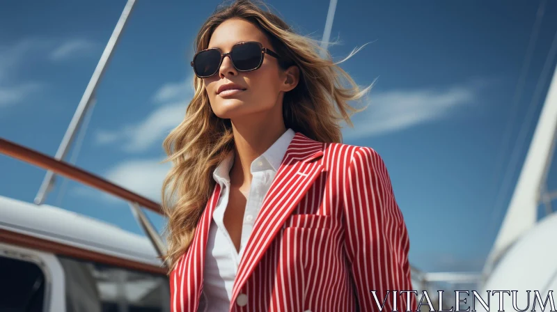 AI ART Young Woman in Red and White Striped Blazer on Boat