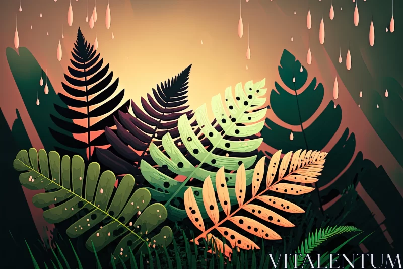 Abstract Forest Ferns with Rain Drops: Vibrant Illustrations AI Image