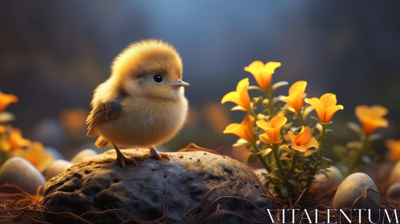 AI ART Adorable Yellow Baby Bird Perched on Mossy Rock