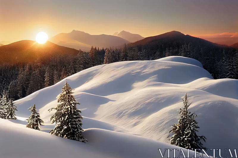 AI ART Captivating Winter Landscape: Sun Setting over Snow-Covered Trees