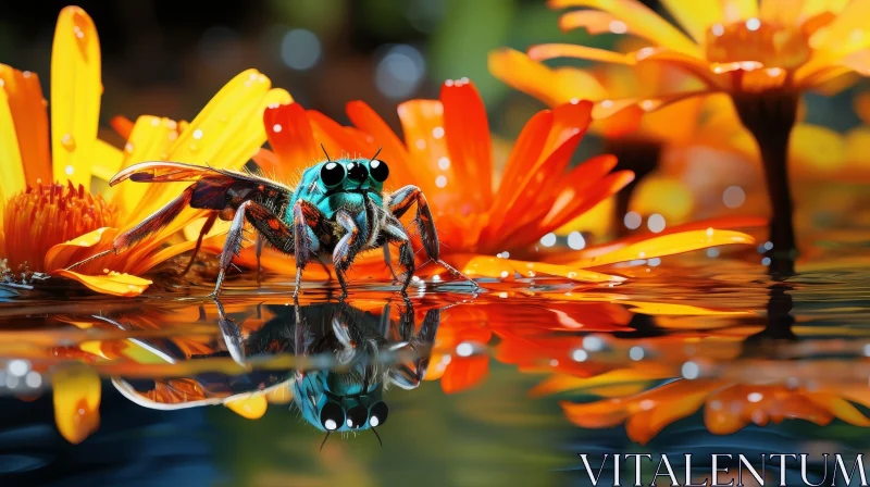 Close-Up Blue and Green Jumping Spider on Yellow Flower AI Image