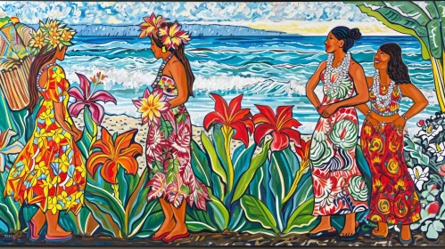 Colorful Hawaiian Women Painting in Lush Garden | Ocean Background