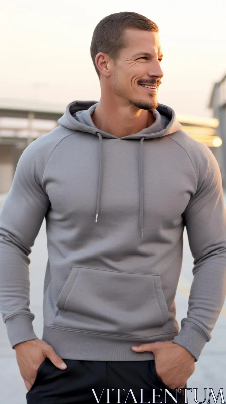 Confident Young Man in Gray Hoodie | Urban Setting Portrait AI Image