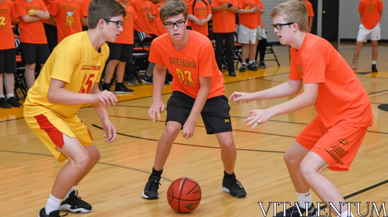 Dynamic Teenage Boys Basketball Game in Gymnasium AI Image
