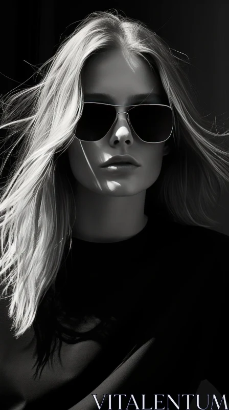 Elegant Black and White Portrait of a Young Woman with Sunglasses AI Image