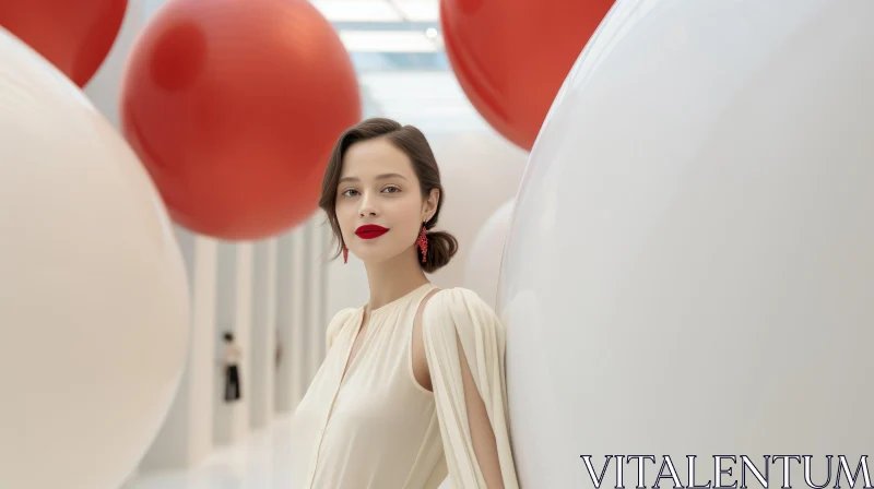 Elegant Woman in White Dress with Red Balloons AI Image