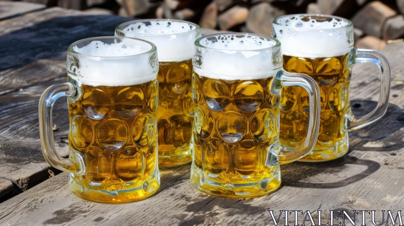 Four Full Beer Mugs on Wooden Table - Artistic Still Life Photography AI Image