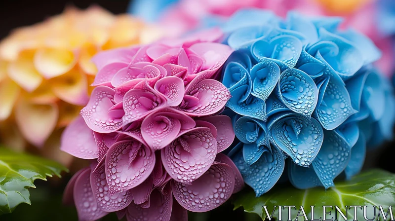 AI ART Pink and Blue Hydrangea Flowers with Water Droplets