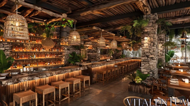 Rustic Tropical Bar with Thatched Roof - Wood Bar Design AI Image