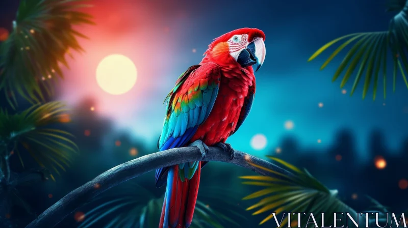 AI ART Scarlet Macaw Parrot in Tropical Jungle at Sunset
