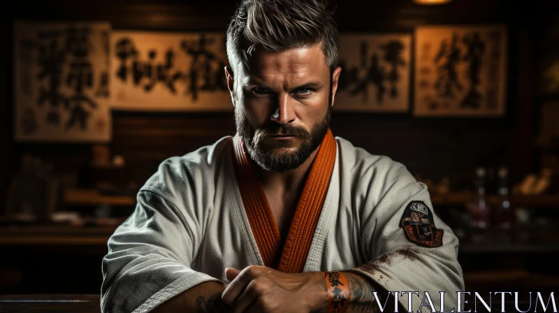 Serious Man in White Martial Arts Gi with Orange Belt AI Image