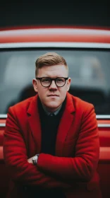 Serious Young Man in Red Suit Standing by Red Car