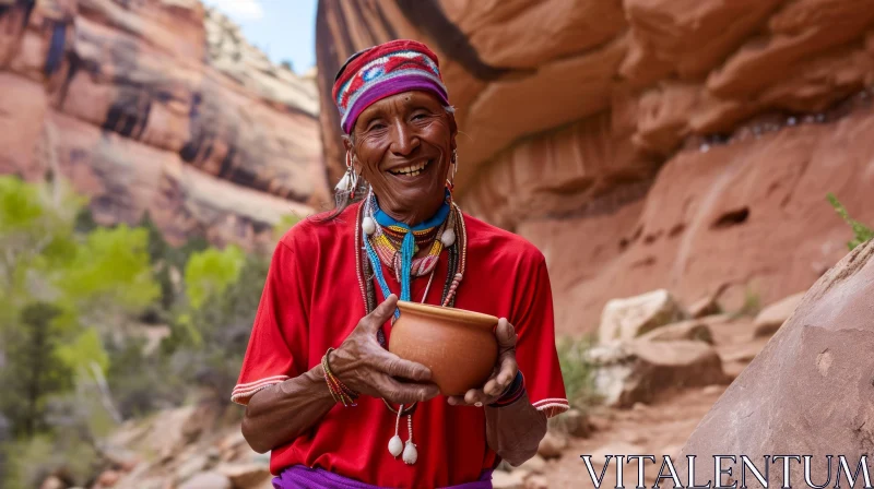 Smiling Elderly Native American Woman in Red Shirt | Canyon Background AI Image