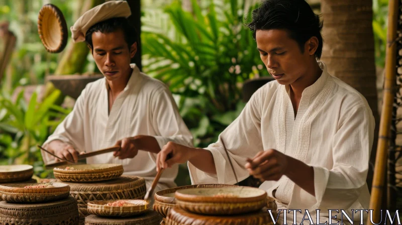Traditional Filipino Men Cooking Food in Wooden Bowls AI Image