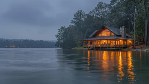 Tranquil Lakeside Cabin at Dusk