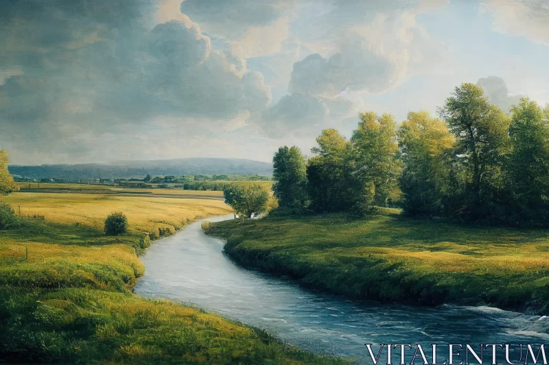 Tranquil River Painting in a Grassy Field | Nature Art AI Image