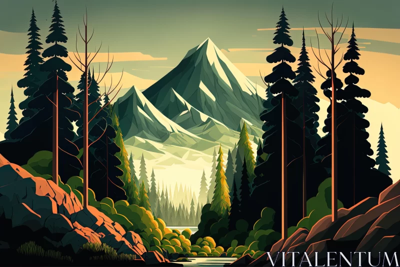 Vintage Mountain Illustration: Hyper-Detailed Landscape Art AI Image