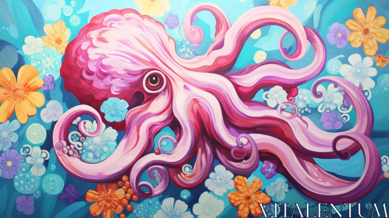 Whimsical Octopus and Flowers Digital Painting AI Image