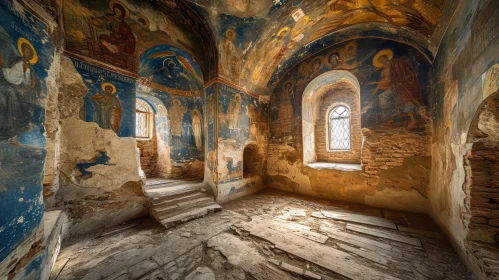 Abandoned Church Interior with Faded Frescoes and Broken Planks
