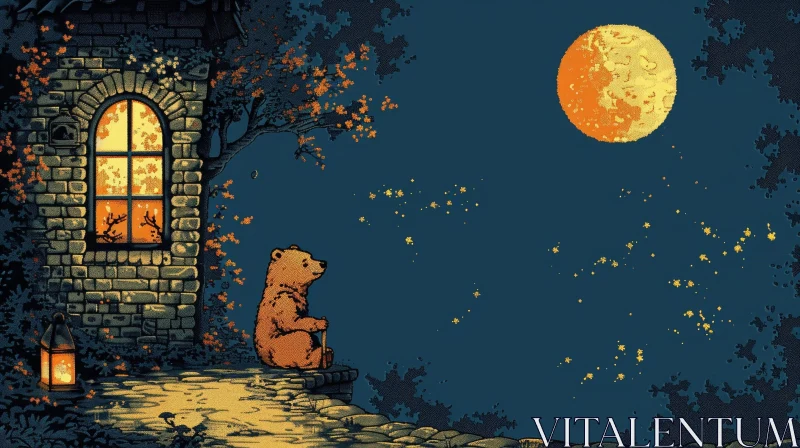 Bear Pixel Art Illustration at Moonlit Night AI Image