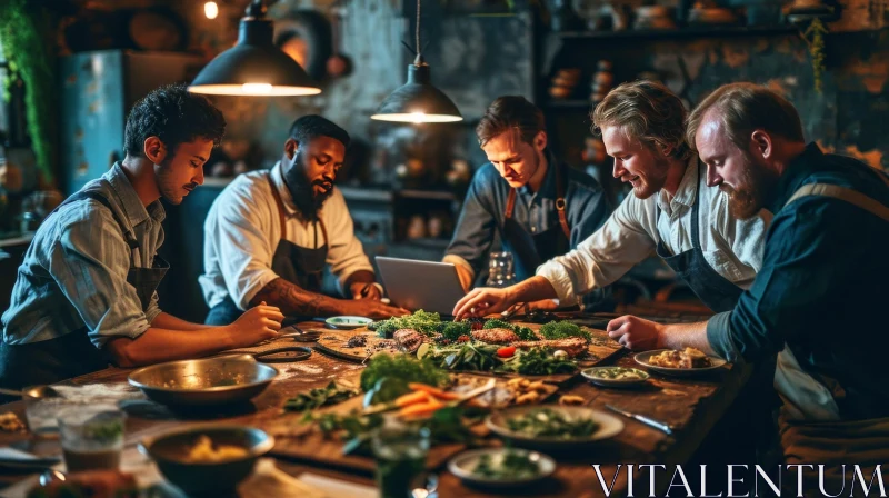 Bearded Men Preparing Food in a Rustic Kitchen AI Image