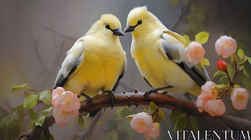 AI ART Charming Bird Painting with Pink Flowers