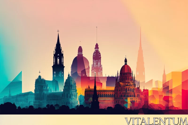 Colorful City Skyline Illustration with Victorian Glasgow Style AI Image