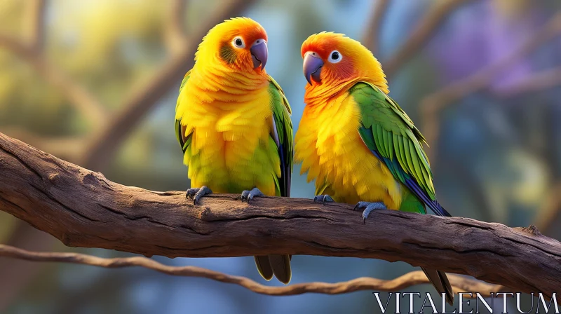 AI ART Colorful Parrots on Branch - Wildlife Encounter