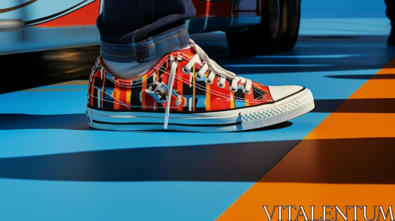 Colorful Sneaker Close-Up on Striped Surface AI Image