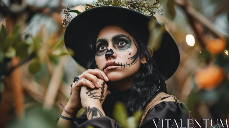 Enigmatic Woman with Skull Face Painting and Black Hat AI Image