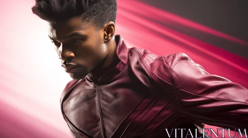 Intense African-American Man in Red Leather Jacket AI Image