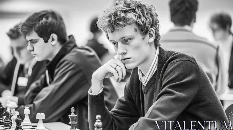 Intense Grayscale Chess Player Portrait - Deep in Thought AI Image