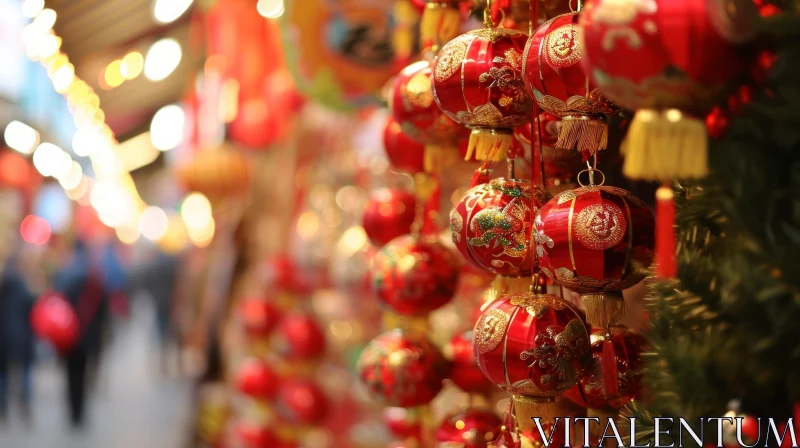 Red Chinese Lanterns: Festive Market Decor | Chinese New Year AI Image