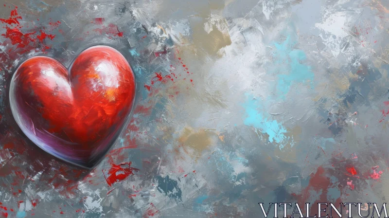 Red Heart Painting on Textured Grey Background AI Image