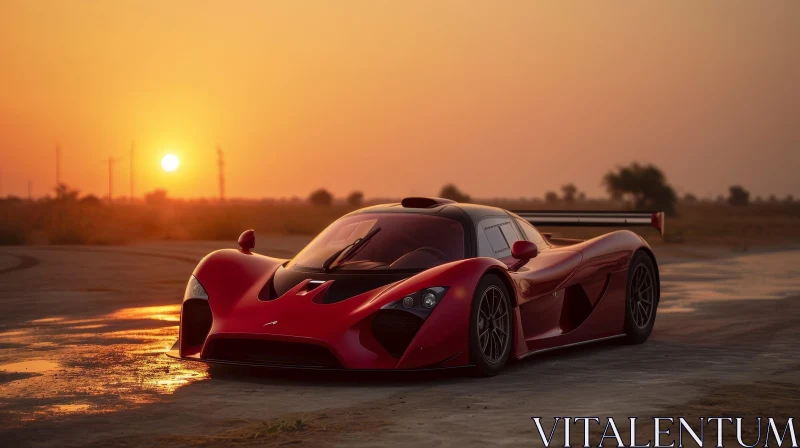 Red Sports Car Sunset Road Photo AI Image