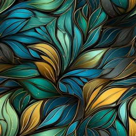 Teal Blue Gold Leaves Pattern