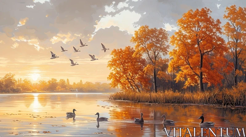 Tranquil Autumn Lake Painting AI Image