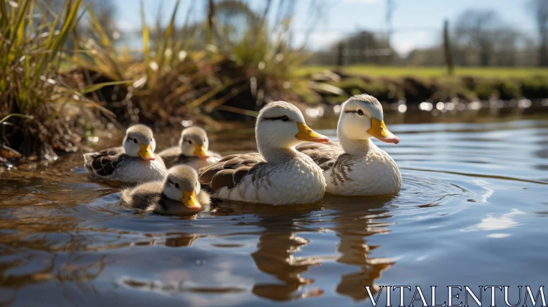 Tranquil Scene: Family of Ducks Swimming in Pond AI Image