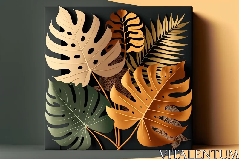 Tropical Leaves Art Print - Intricate Paper Cutouts | Dark Gray and Light Brown AI Image