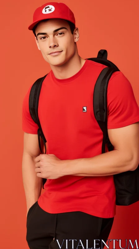 AI ART Young Male Model in Casual Red Outfit