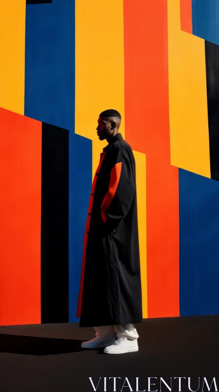 African-American Man Standing in Front of Geometric Mural AI Image