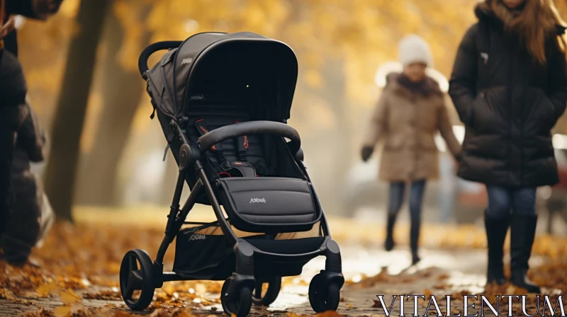 Black Baby Stroller in Autumn Park AI Image