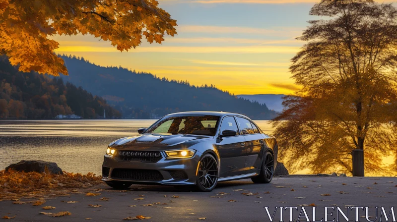 Captivating Dodge SRT Parked by a Serene Lake at Sunset AI Image