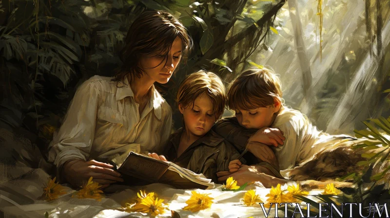 Enchanting Painting of a Woman and Children in a Serene Jungle AI Image
