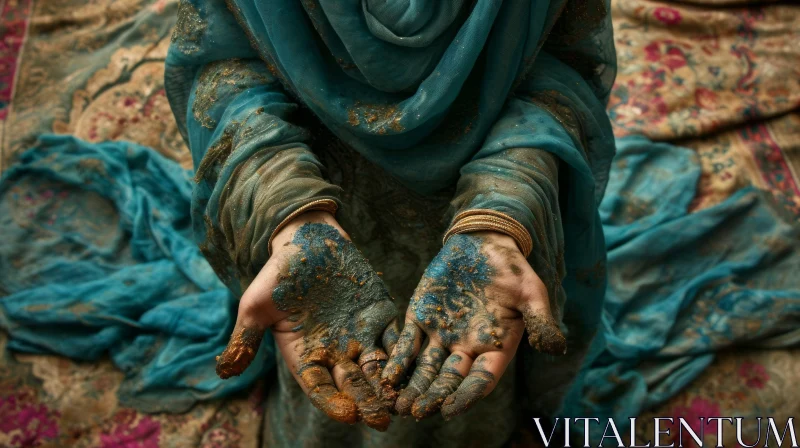 AI ART Expressive Art: Woman's Hands Covered in Blue and Brown Paint