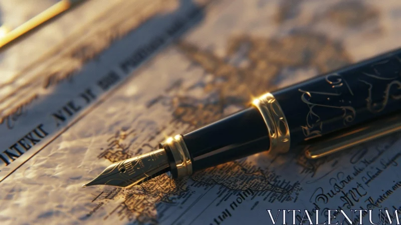 Exquisite Gold-Plated Fountain Pen on Detailed Old Map AI Image