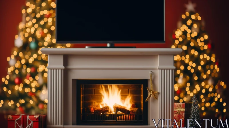 Festive Christmas Fireplace Scene with Trees and Gifts AI Image