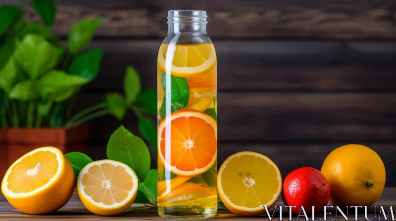 AI ART Glass Bottle Still Life with Lemon and Orange Slices