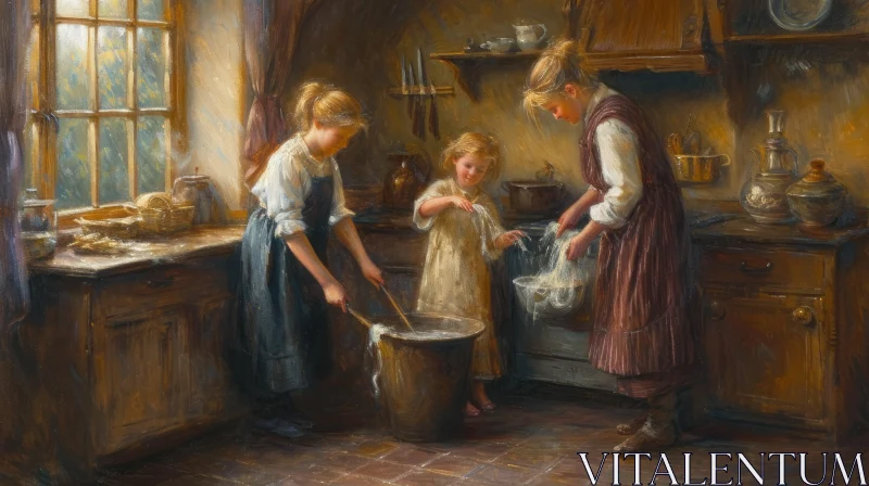 Inside a 17th-Century Kitchen: Women Engaged in Food Preparation AI Image