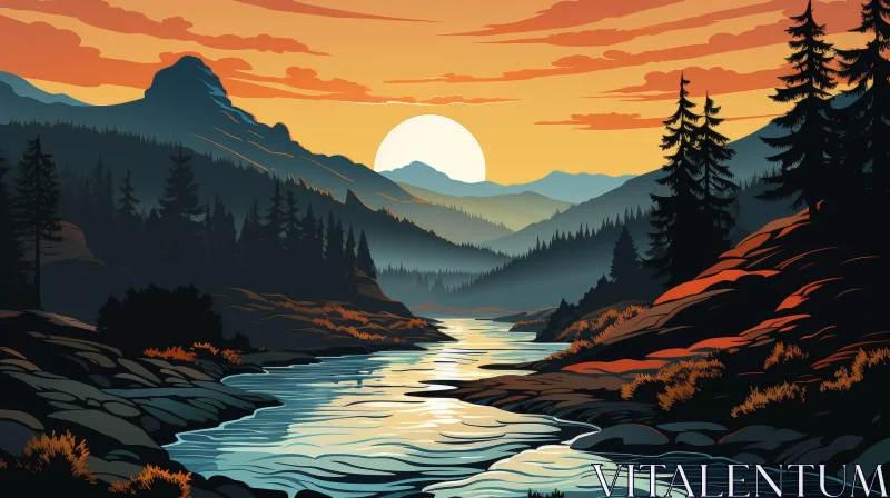 Moonlit River Valley Landscape Painting AI Image